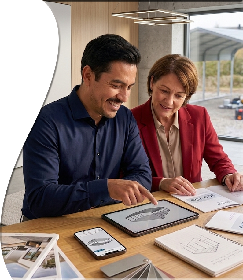 A dealer and a customer reviewing a 3D building configurator with a live price on a tablet
