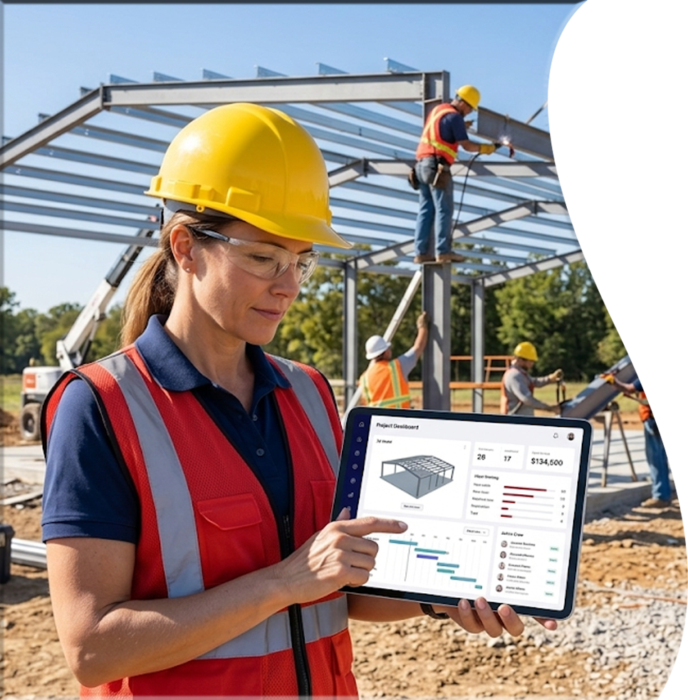 A field supervisor in a hard hat reviewing the TrussIQ CRM pipeline and job dashboard on a tablet at the job site
