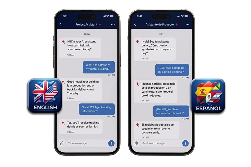 Two phone screens side by side showing the same message in English and Spanish, clean chat UI