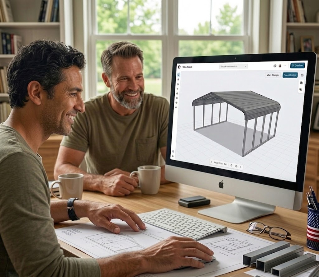 A dealer and a customer at a desk reviewing a 3D carport design on an iMac as the price updates live