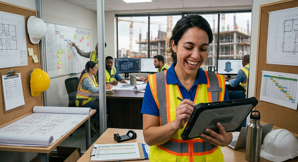 A field worker in a safety vest using a rugged tablet in a busy project office