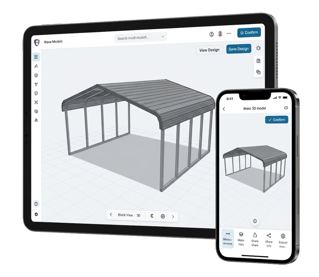 3D carport configurator with live pricing on a tablet and phone
